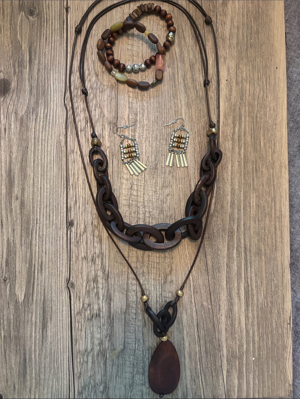 J. Jill Brown Wood-Link Layered Necklace with Pendant